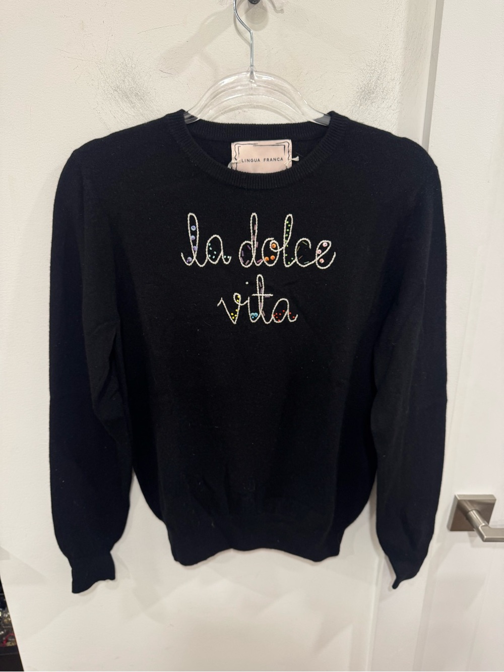 Lingua Franca ‘La Dolce Vita' Black Embroidered Crewneck Sweater